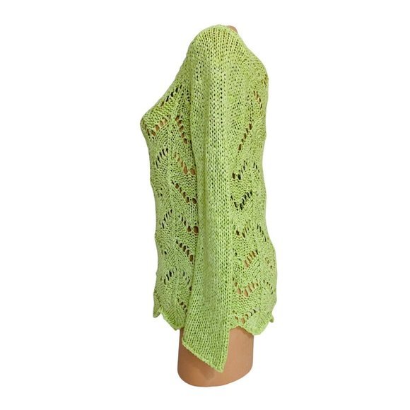 Chico's Women’s Size 0 Crew-neck Open Knit Long Sleeve Crochet Sweater Lime - Picture 3 of 5